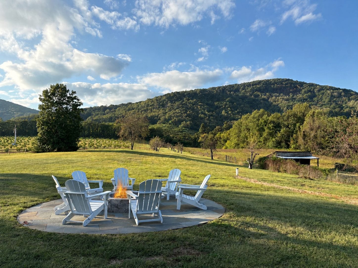 A circular outdoor seating area with Adirondack chairs and a fire pit, surrounded by a grassy field and a mountain backdrop.