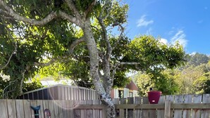 A wooden deck with a table and chairs, surrounded by a wooden fence and gravel ground.