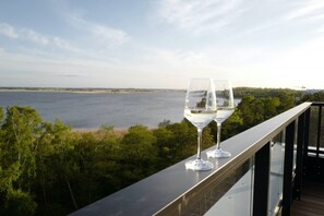 A balcony with a clear view of a body of water and trees. - Oaza Spokoju Widok na Las Design Shellter (Trzebiatow)