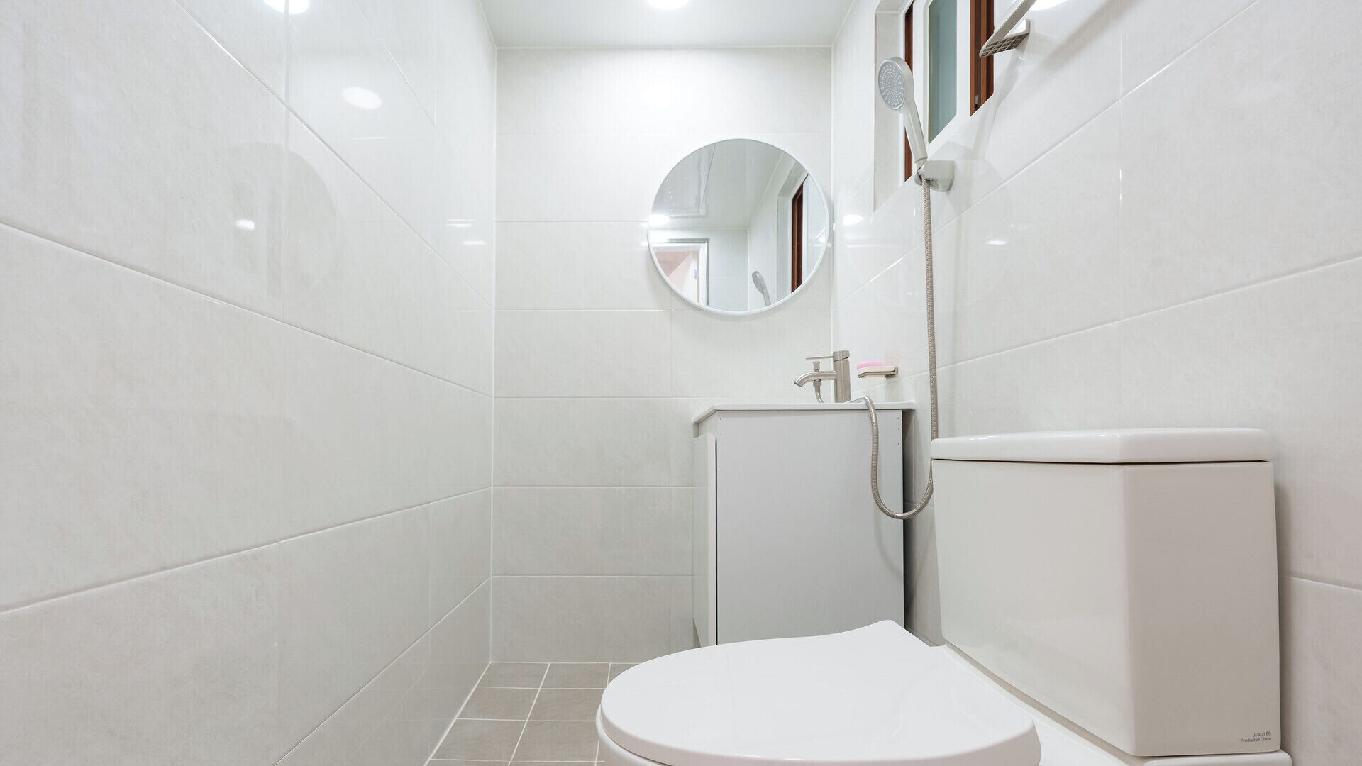 A modern bathroom with a toilet, a sink, and a shower.