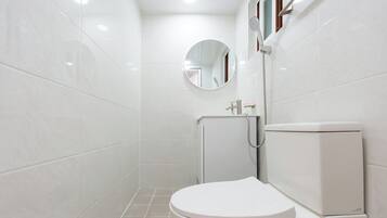A modern bathroom with a toilet, a sink, and a shower.