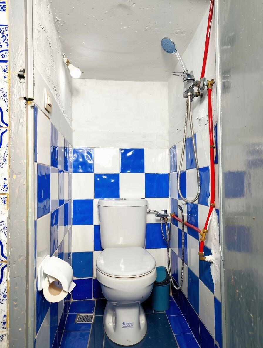 Een badkamer met toilet, douche en blauw-witte geruite tegels.