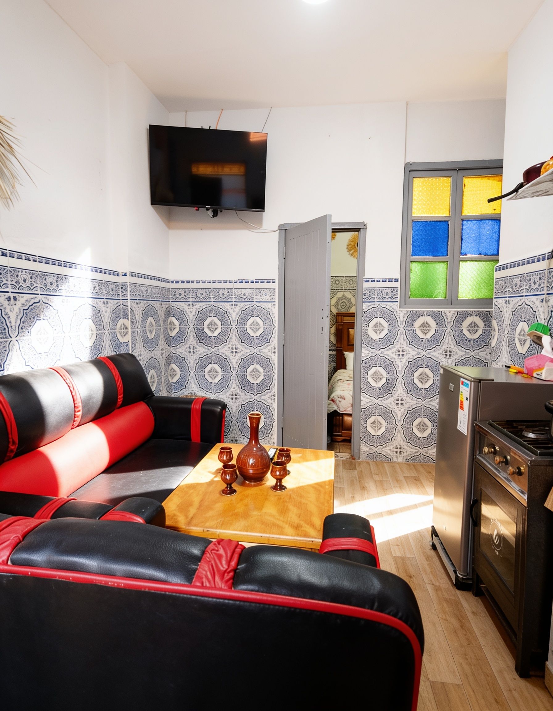 Un espace de vie compact comprenant un canapé, une petite table avec un vase, un téléviseur et un coin cuisine avec un réfrigérateur.