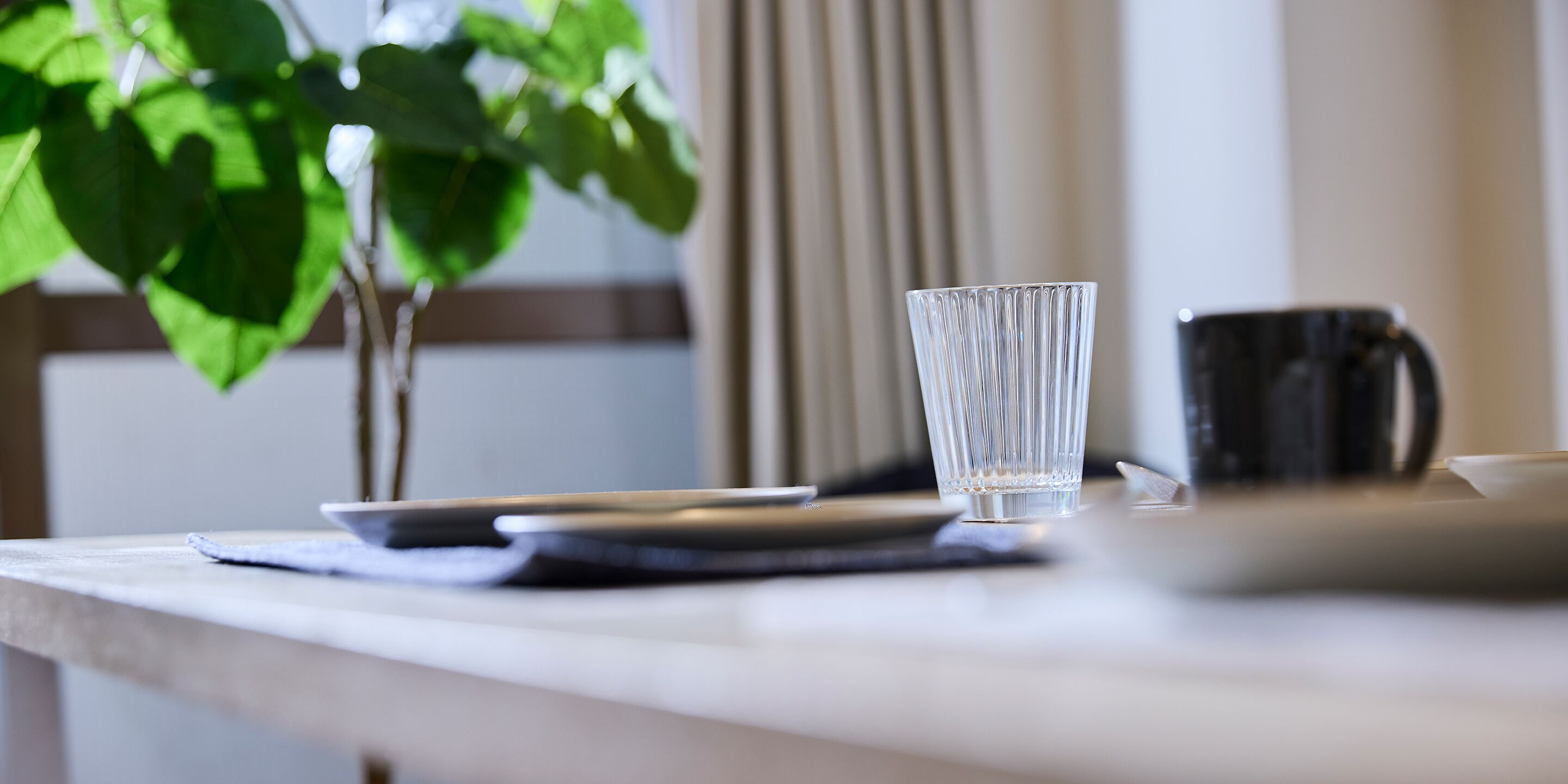 A table with a glass, a black mug, and a plant.