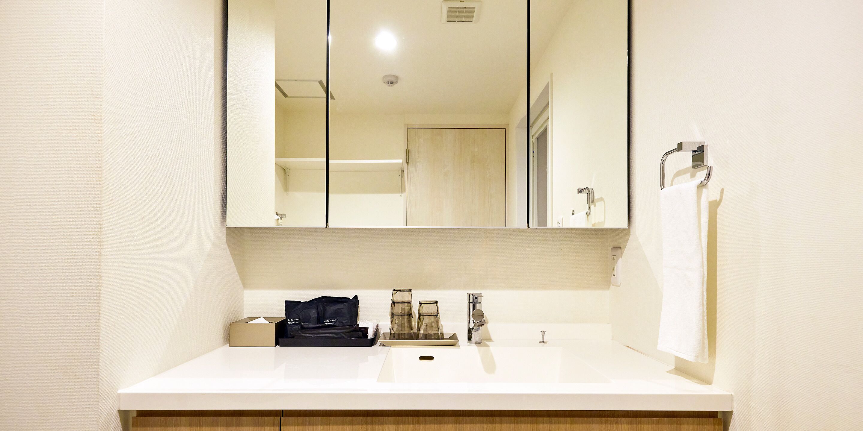 A bathroom with a white sink, a mirror, and a towel rack.