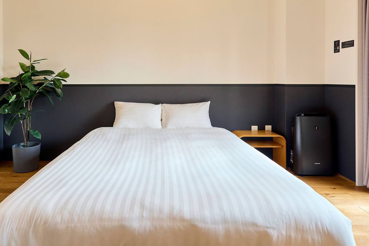A hotel room with a bed, a potted plant, a bedside table, and a wall-mounted charging station.
