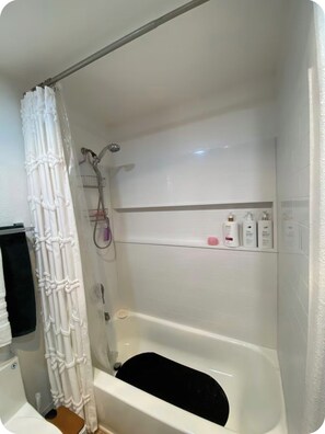 Hair dryer, towels, soap, toilet paper