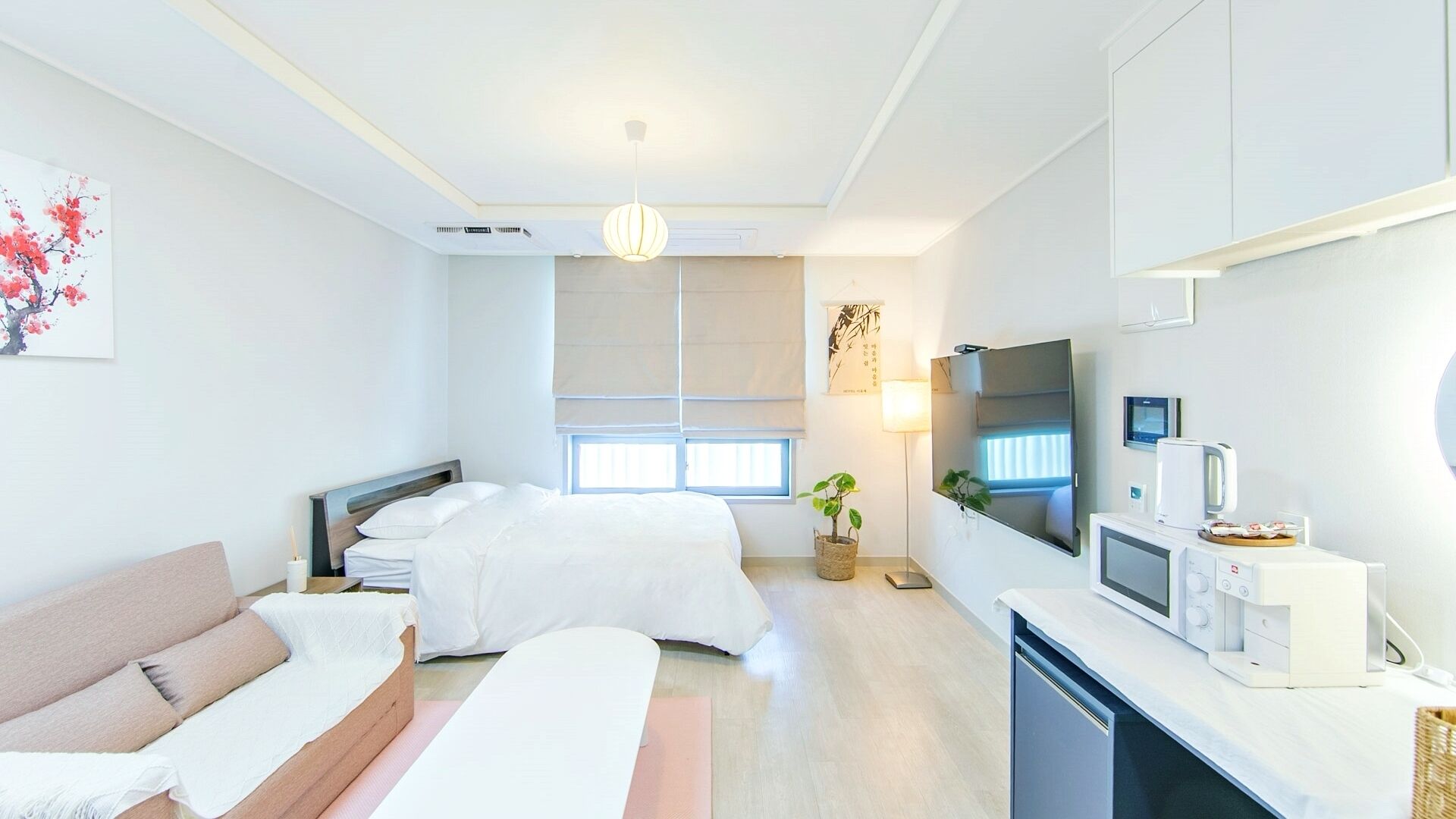 Una habitación de hotel con una cama, un sofá, un televisor, una cafetera y una planta.