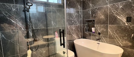 Hair dryer, towels, soap, toilet paper
