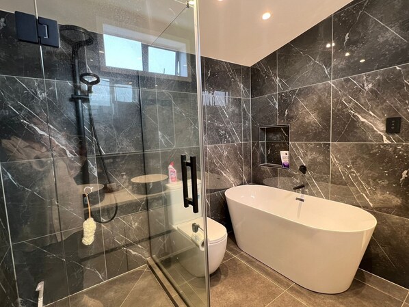 Hair dryer, towels, soap, toilet paper
