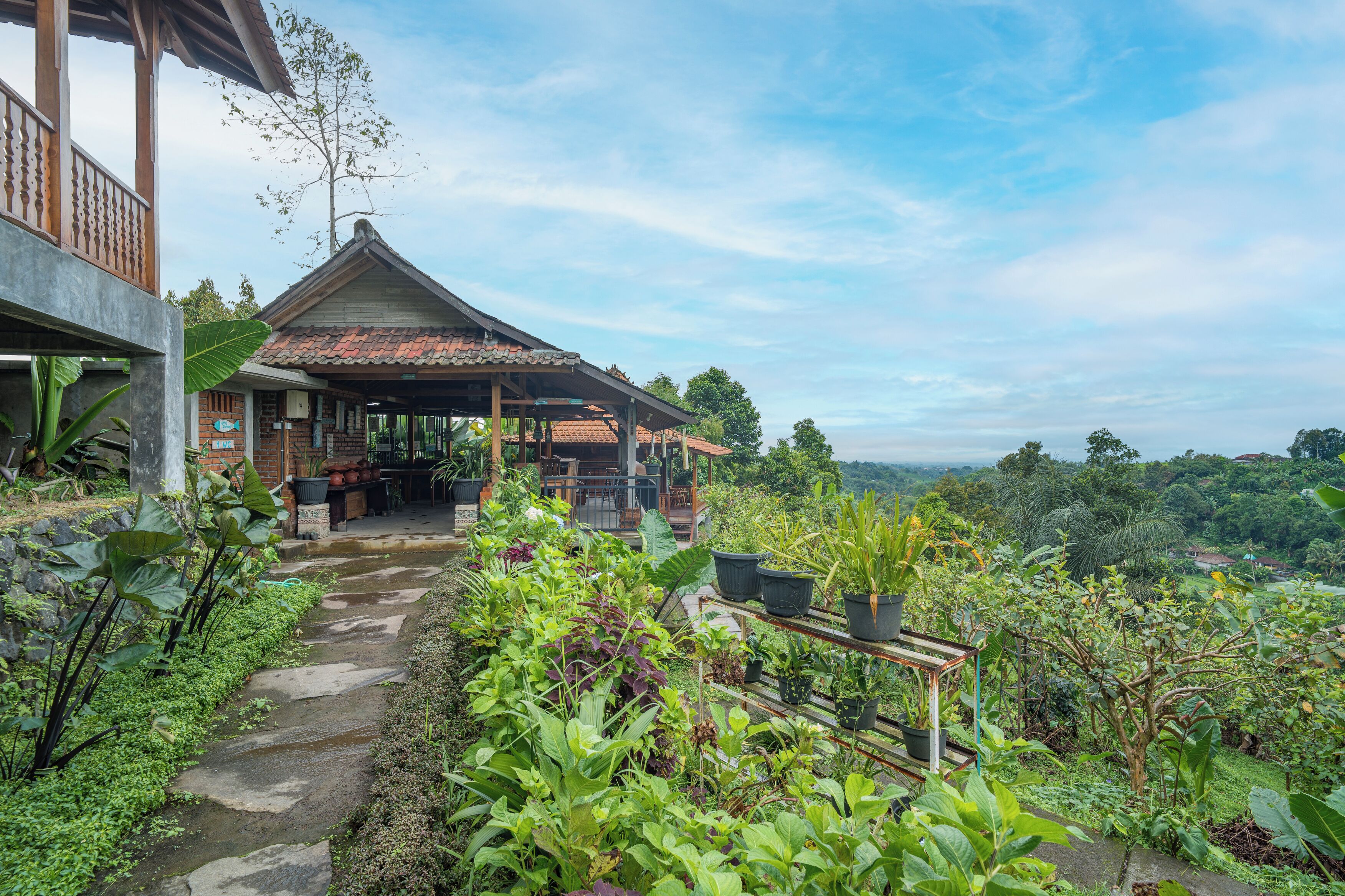 A traditional wooden structure with a tiled roof, surrounded by lush greenery and a stone pathway leading to a covered seating area.