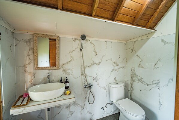 Un baño con lavabo de mármol, inodoro y ducha.