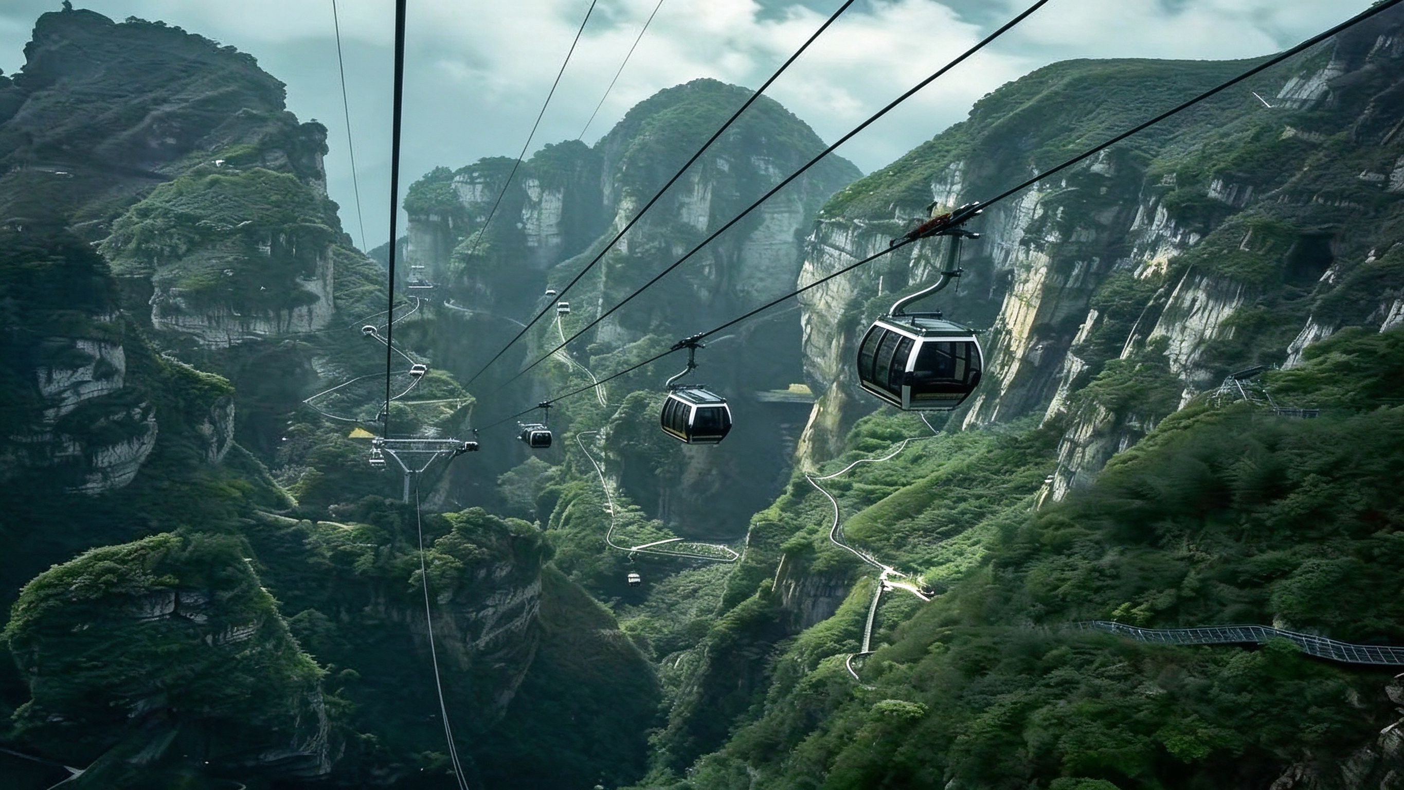 A cable car system in a mountainous area with lush greenery.