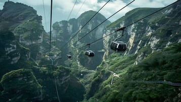 Eine Seilbahn in einer gebirgigen Landschaft mit üppiger Vegetation.