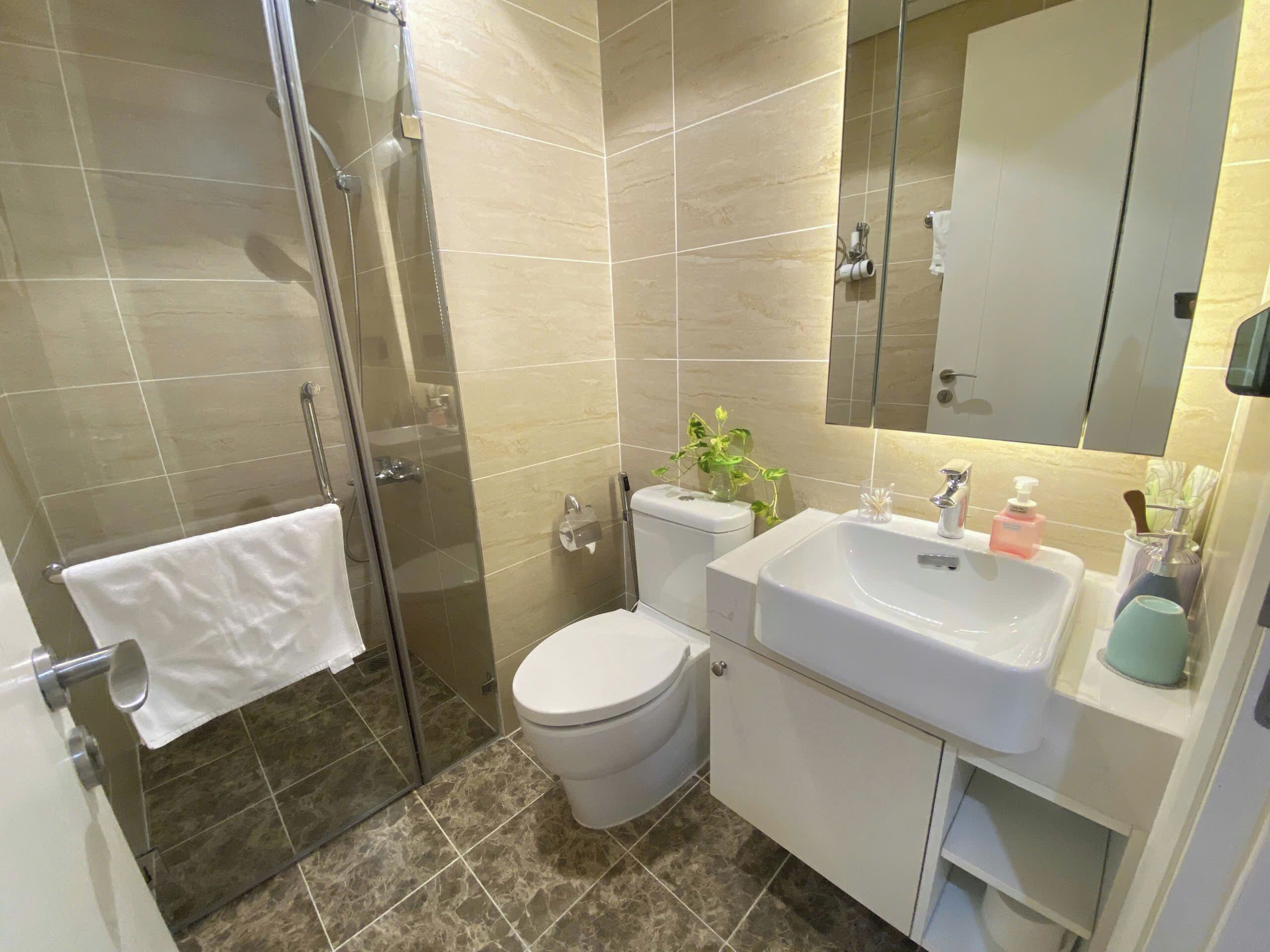 Un baño con ducha de vidrio, inodoro, lavabo con espejo y una planta en maceta.