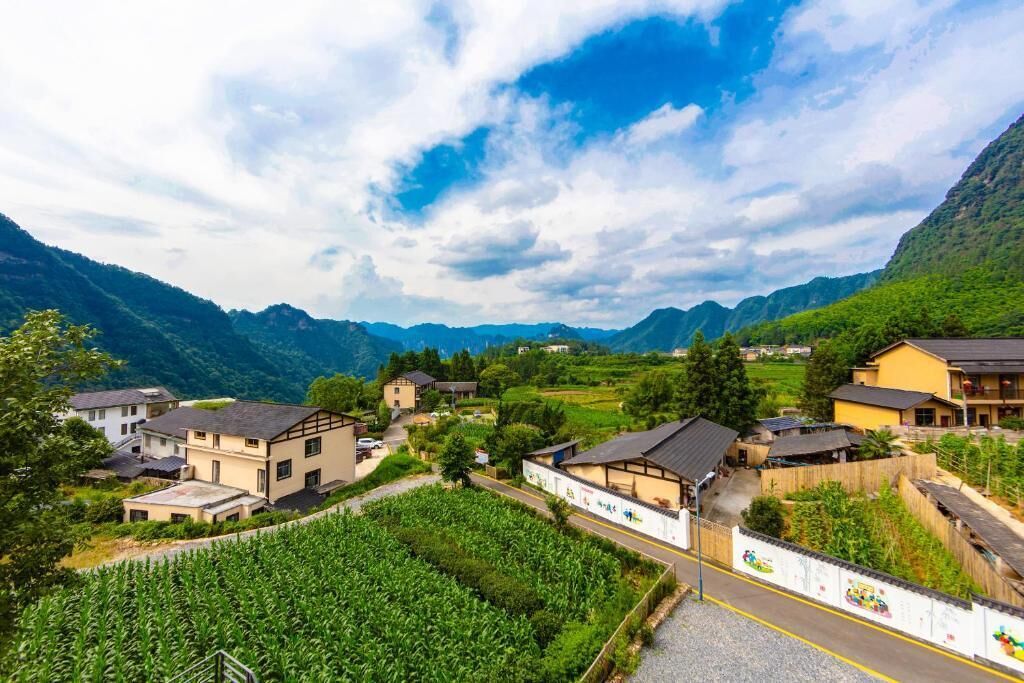 A village with houses, a road, and a field.
