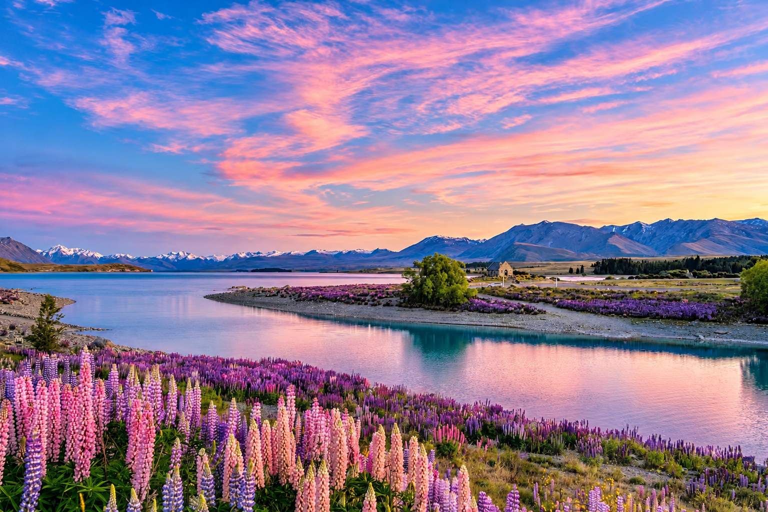 A landscape with a lake, mountains, and a small building.