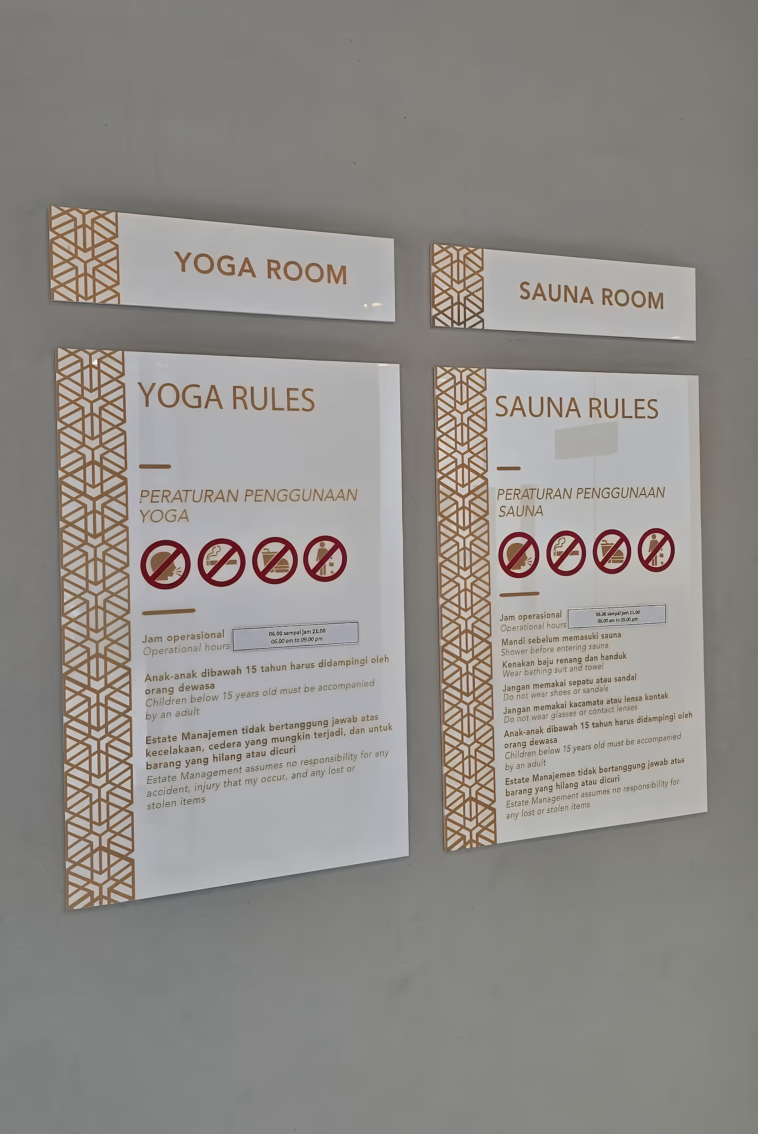 Two informational signs for a yoga and sauna room, detailing operational hours and rules.