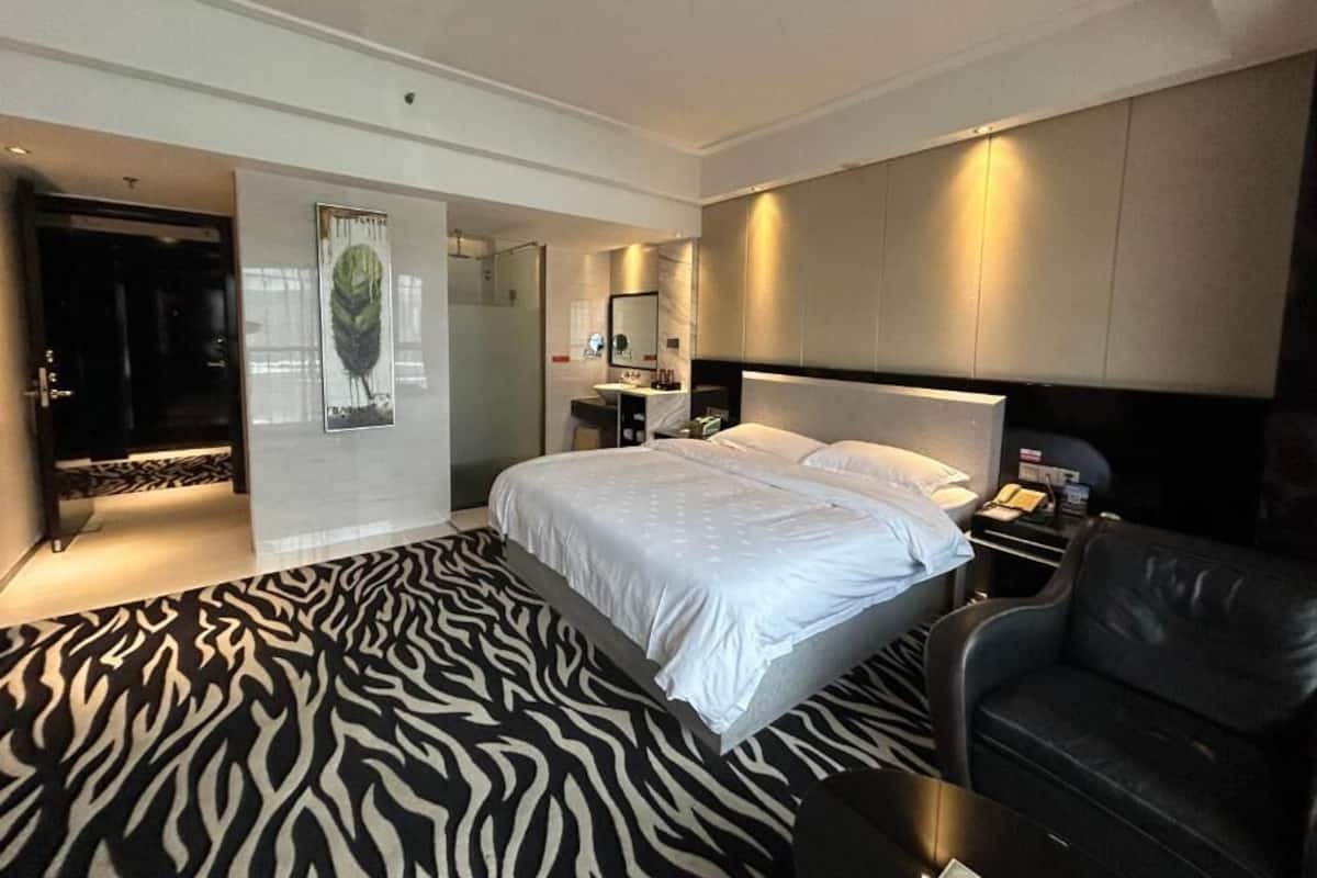 Una habitación de hotel moderna con una cama grande, un alfombra estampado con motivos de cebra, un sofá de cuero, una mesita de noche y un espejo montado en la pared.