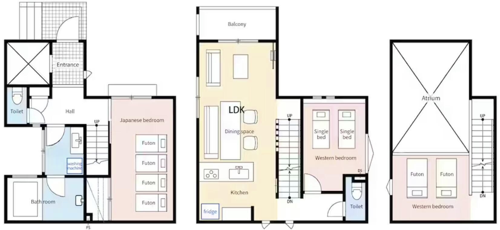 A hotel layout with a balcony, Japanese bedroom, dining space, kitchen, and Western bedroom.