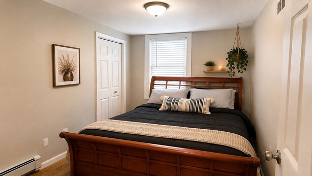 Een slaapkamer met een houten bed, een nachtkastje, een hangplant en een ingelijst beeld aan de muur.