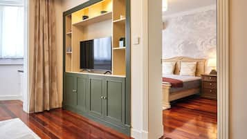 Premium bedding, desk, laptop workspace, blackout curtains