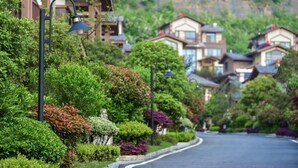A residential street with houses, a lamp post, and lush greenery. - Avatar Valley Grand Hotel (Zhangjiajie)