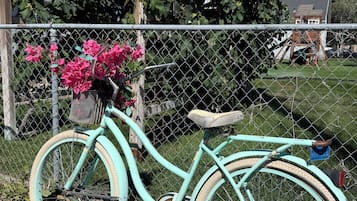 A turquoise bicycle parked in a fenced area with a wooden structure and a house in the background.