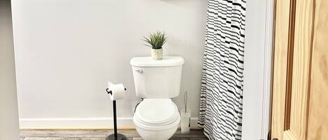 A bathroom with a toilet, a shelf with a plant, and a striped shower curtain.