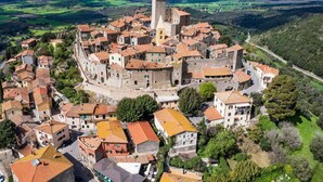 A medieval town with a prominent castle, surrounded by residential buildings with red-tiled roofs. - Casetta Azzurra Flat With Parking in Capalbio (Capalbio)
