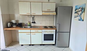 A compact kitchen with a refrigerator, stove, oven, and a sink. - Mobile Home im Ferienpark mit Seezugang (Dabel)