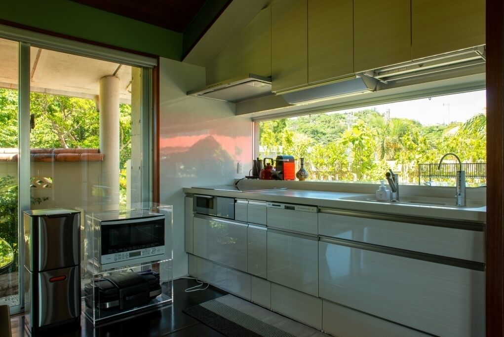 A modern kitchen with a built-in microwave, a sink, and a window overlooking greenery.