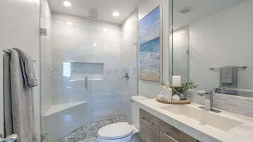 Shower, hair dryer, shampoo