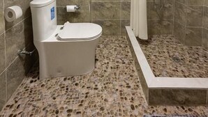 Un baño con inodoro, ducha y azulejos de mármol.