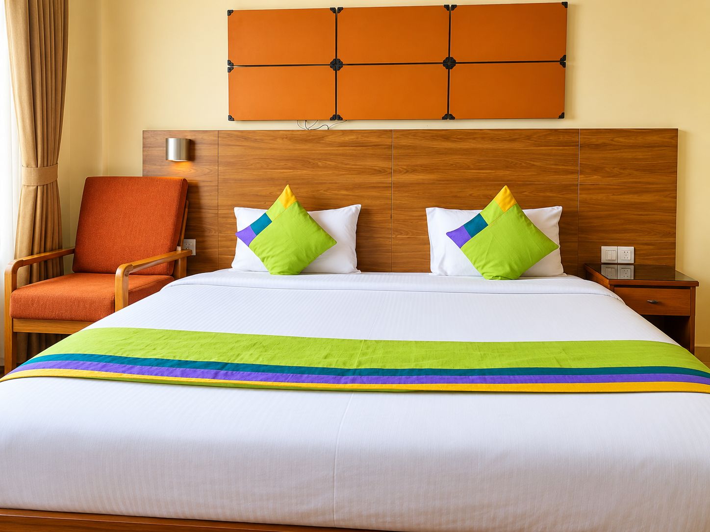 A hotel room with a large bed, two pillows, a nightstand, a chair, and a wall-mounted artwork.