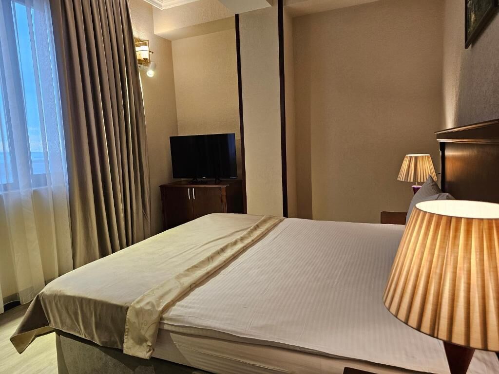 Habitación de hotel con cama, televisión, lámpara y vistas al exterior.