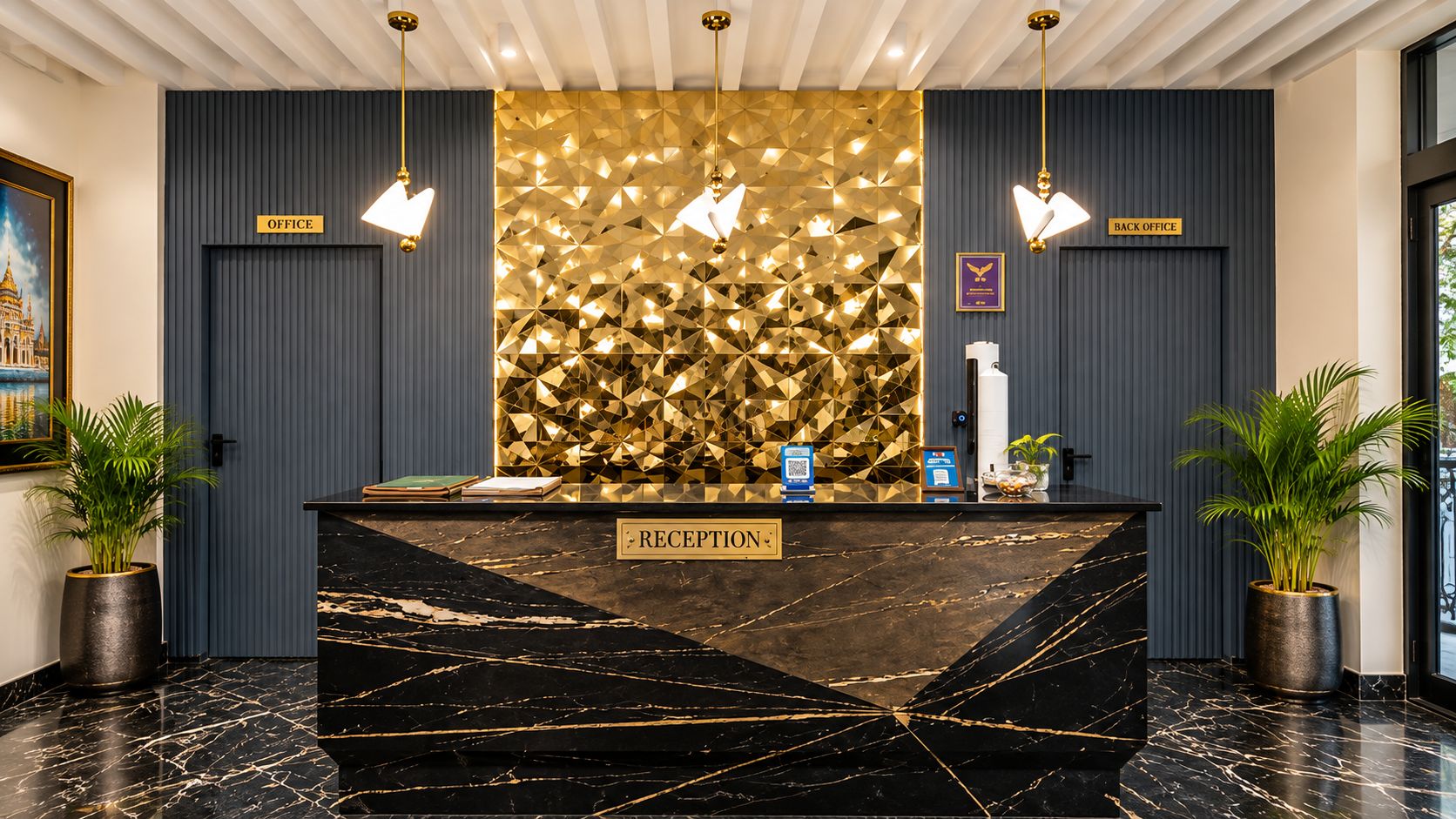Una mesa de recepción con cubierta de mármol, dos plantas en macetas y una pared con diseño geométrico dorado.
