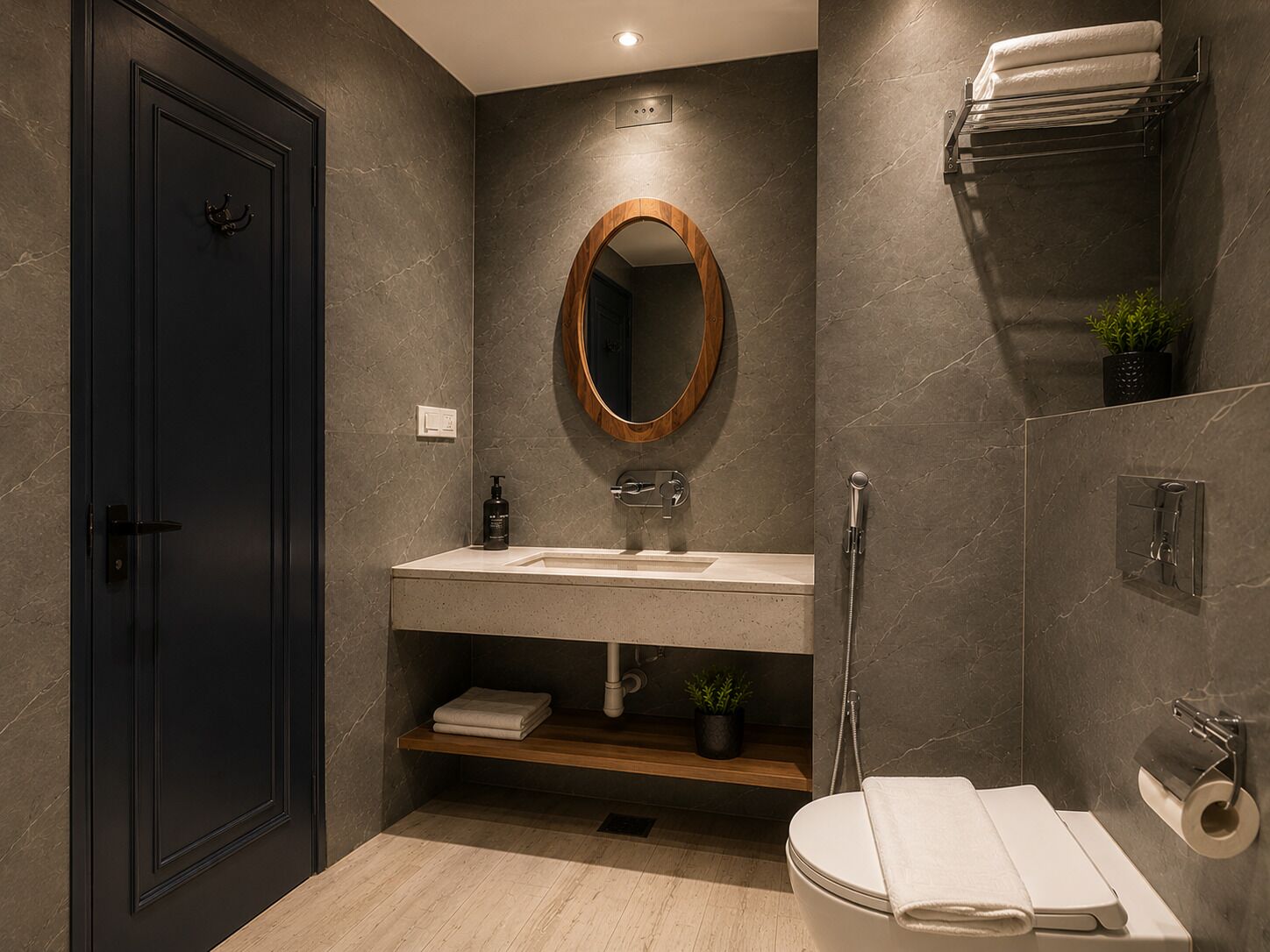 Un baño moderno con una puerta oscura, un lavabo con espejo, una ducha y un inodoro.