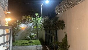 A nighttime outdoor pathway with a light source, a white wall, and some greenery.