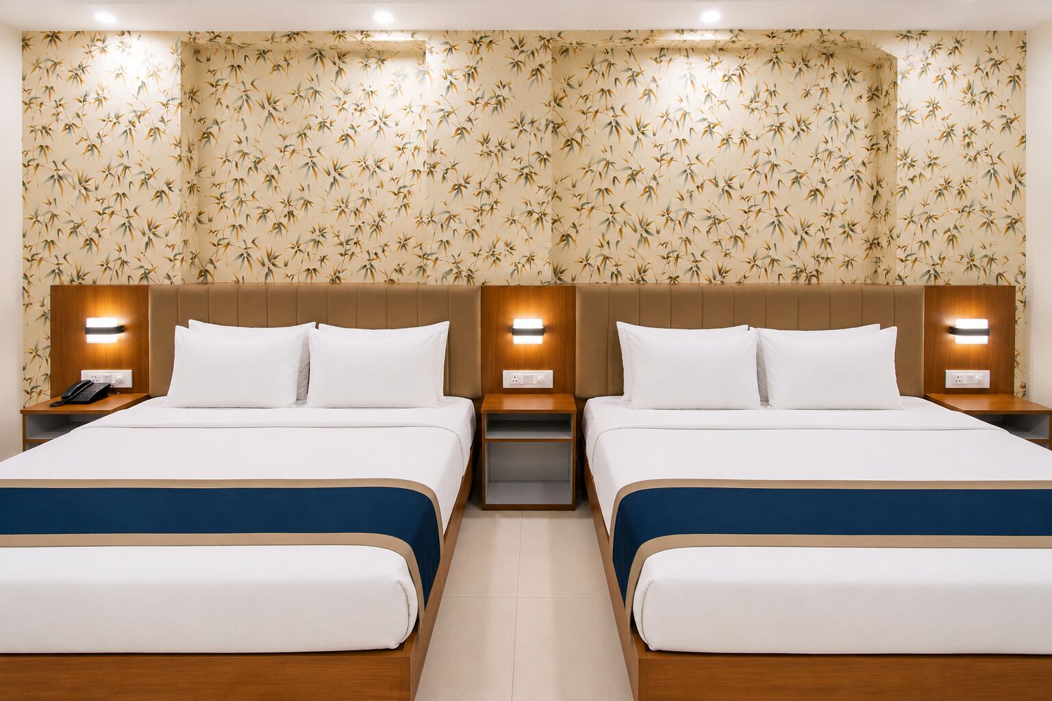 A hotel room with two beds, wooden headboards, bedside tables with lamps, and a floral wallpaper pattern.