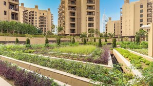 A residential area with high-rise buildings, a landscaped garden, and a distant view of a unique tower structure. - StayShort - Modern 1BR Retreat in MJL Sleeps 4 (Madinat Jumeirah Living)