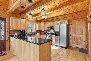 Fridge, microwave, oven, stovetop - Serene Creek Cabin w/ Fire Pit, Air Hockey, Pool, Yard, Pet Friendly near Todd! (Todd)
