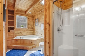 Jetted bath, hair dryer, towels, soap - Serene Creek Cabin w/ Fire Pit, Air Hockey, Pool, Yard, Pet Friendly near Todd! (Todd)