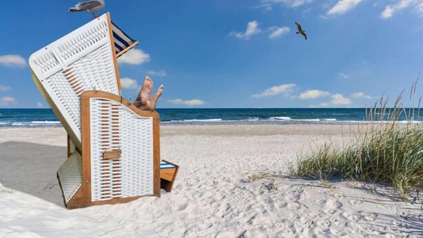 Une chaise de plage avec une structure en bois et un dossier en tissu résille blanc, placée sur une plage de sable, avec l’océan et ses vagues en arrière-plan.
