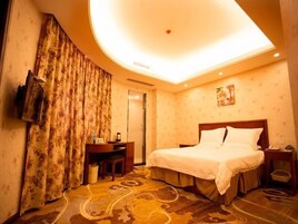 Una habitación de hotel con una cama, un escritorio, un televisor y una alfombra estampada.