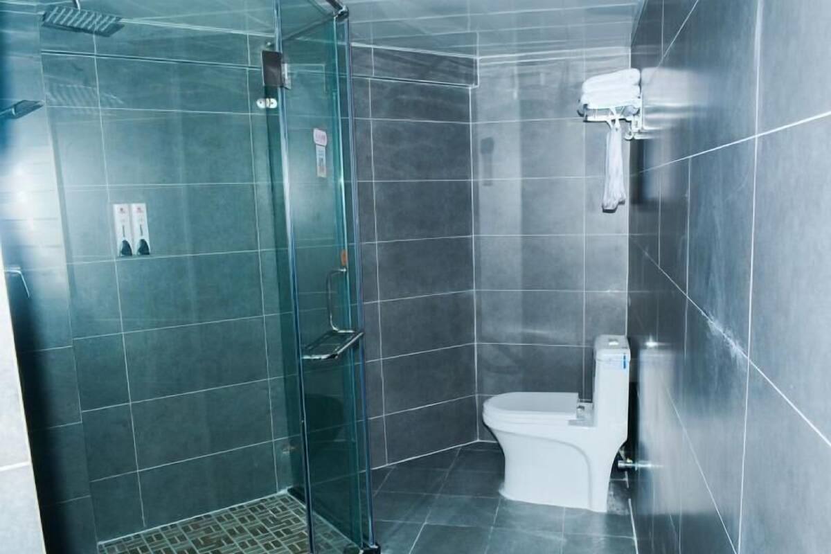 Et moderne badeværelse med brusekabine i glas, et hvidt toilet og et flisegulv.