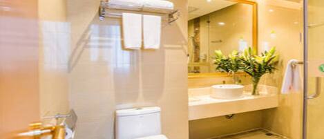Une salle de bain moderne avec une douche à parois de verre, des toilettes, un lavabo avec un miroir au-dessus et un porte-serviettes.