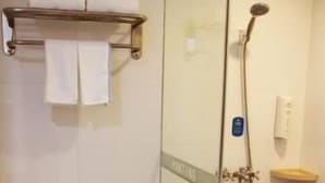 Um banheiro com vaso sanitário, chuveiro com box de vidro e porta-toalhas.