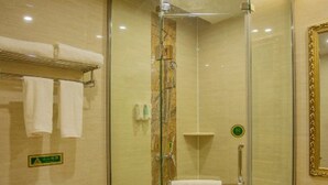 A glass-enclosed shower stall with a towel rack and a toilet visible in the adjacent room. - Vienna Classic Hotel Anhui Tongcheng (Anqing)