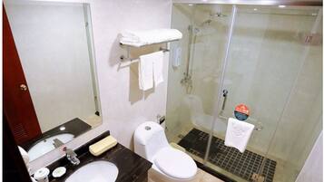 A bathroom with a sink, toilet, and glass-enclosed shower.